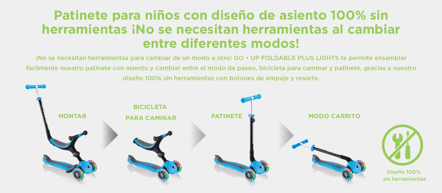 Patinete para niños con diseño de asiento 100% sin herramientas  ¡No se necesitan herramientas al cambiar entre diferentes modos!