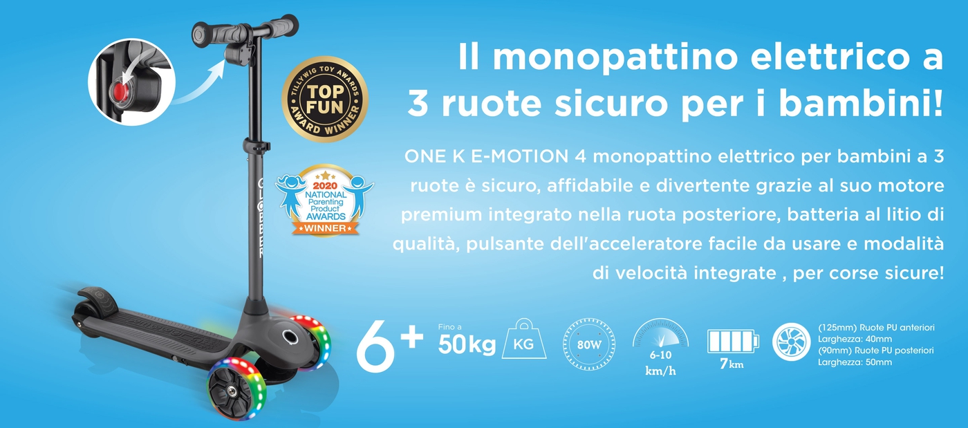 Il monopattino elettrico a 3 ruote sicuro per i bambini! ONE K E-MOTION 4 monopattino elettrico per bambini a 3 ruote è sicuro, affidabile e divertente grazie al suo motore premium integrato nella ruota posteriore, batteria al litio di qualità, pulsante dell'acceleratore facile da usare e modalità di velocità integrate , per corse sicure!