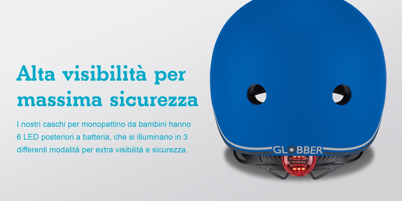 Alta visibiltà per massima sicurezza. I nostri caschi per monopattino da bambini hanno 6 LED posteriori a batteria, che si illuminano in 3 differenti modalità per extra visibilità e sicurezza.