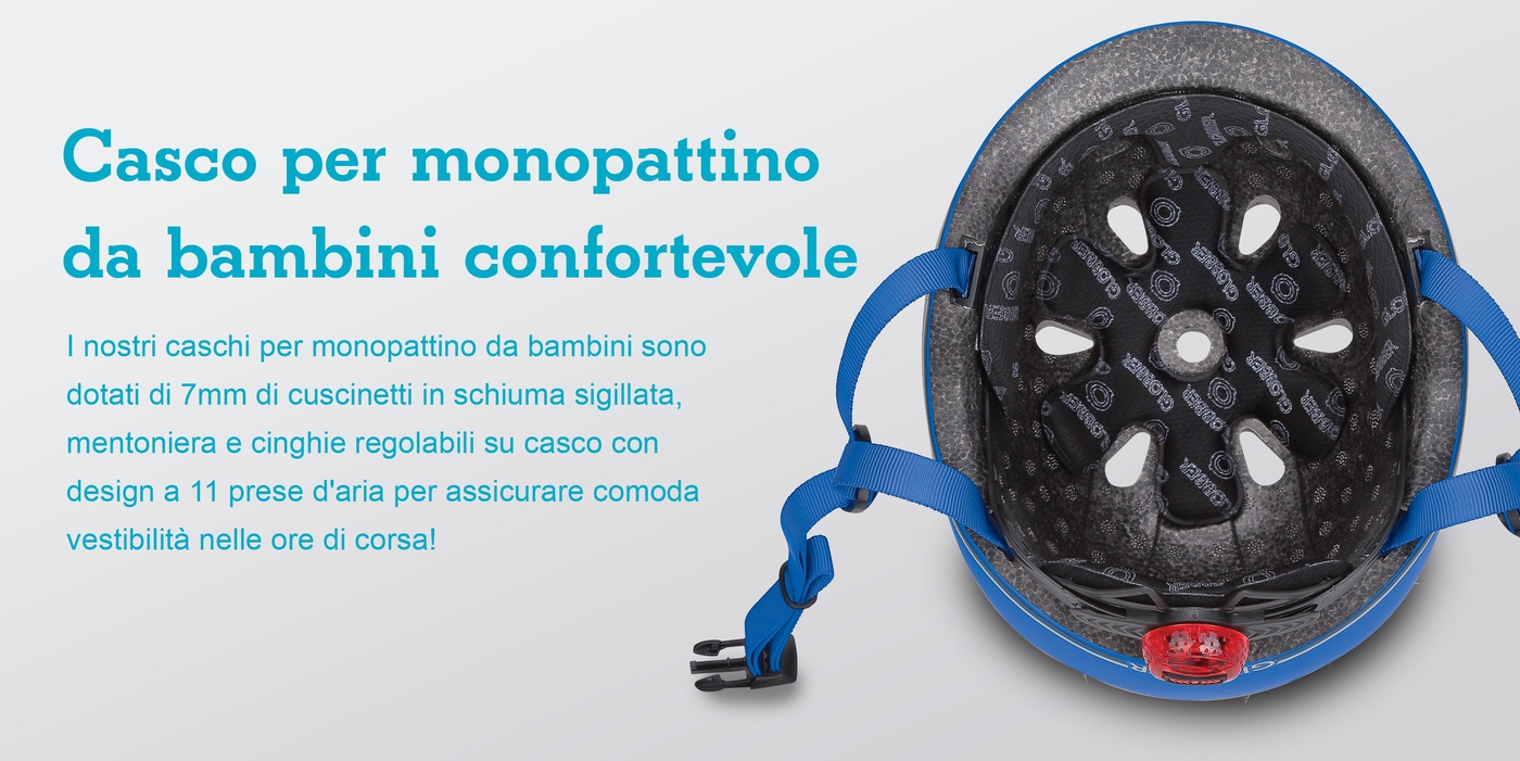 Casco per monopattino da bambini confortevole. I nostri caschi per monopattino da bambini sono dotati di 7mm di cuscinetti in schiuma sigillata, mentoniera e cinghie regolabili su casco con design a 11 prese d'aria per assicurare comoda vestibilità nelle ore di corsa!