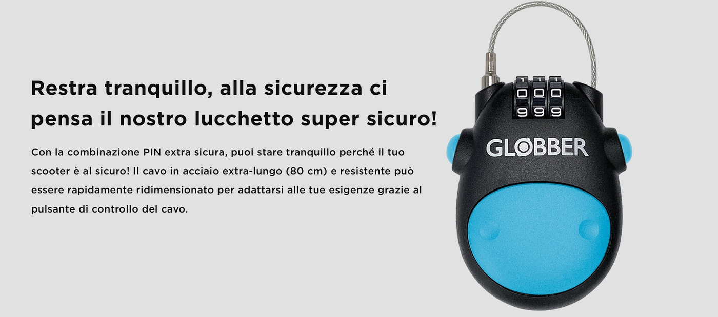 Restra tranquillo, alla sicurezza ci pensa il nostro lucchetto super sicuro! Con la combinazione PIN extra sicura, puoi stare tranquillo perché il tuo scooter è al sicuro! Il cavo in acciaio extra-lungo (80 cm) e resistente può essere rapidamente ridimensionato per adattarsi alle tue esigenze grazie al pulsante di controllo del cavo.