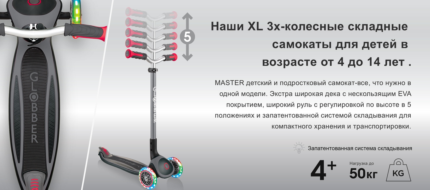 Наши XL 3х-колесные складные самокаты для детей в возрасте от 4 до 14 лет .