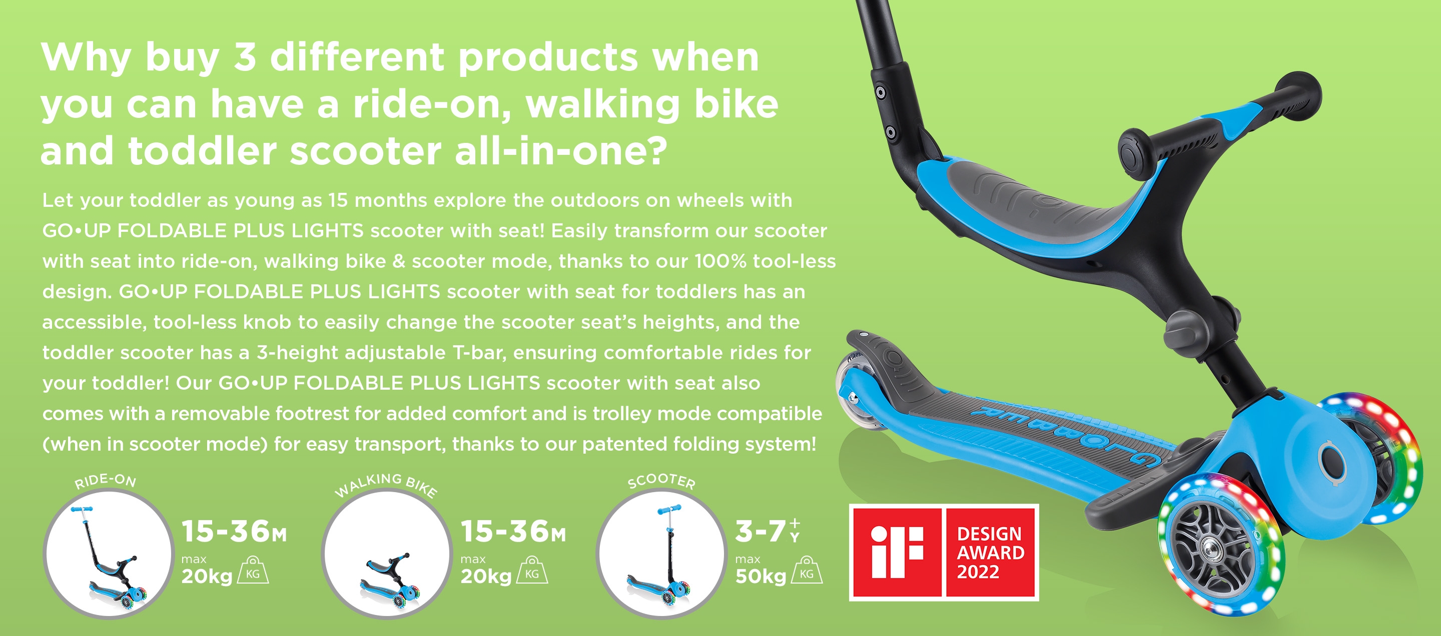 GO UP FOLDABLE PLUS LIGHTS is a 3 in 1 light up scooter with seat for toddlers