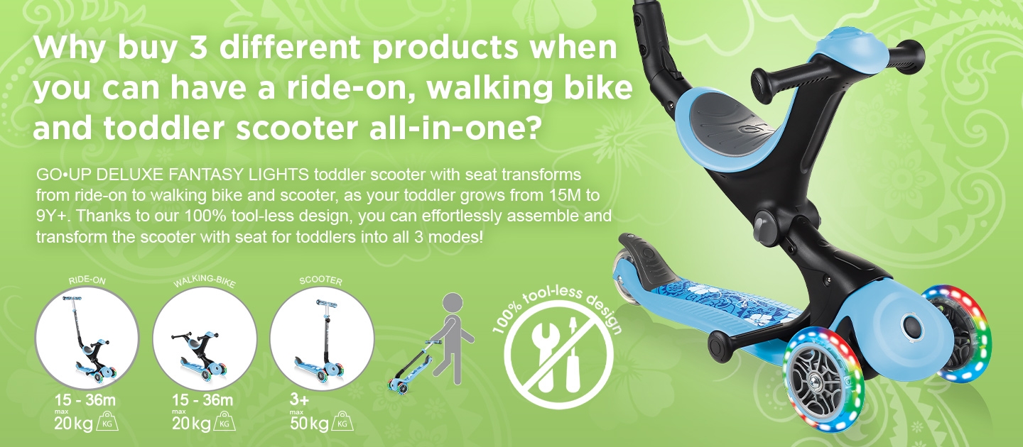 GO•UP DELUXE FANTASY LIGHTS 3 in 1 scooter for toddlers transforms from ride-on to walking bike and scooter, as your toddler grows from 15M to 9Y+.