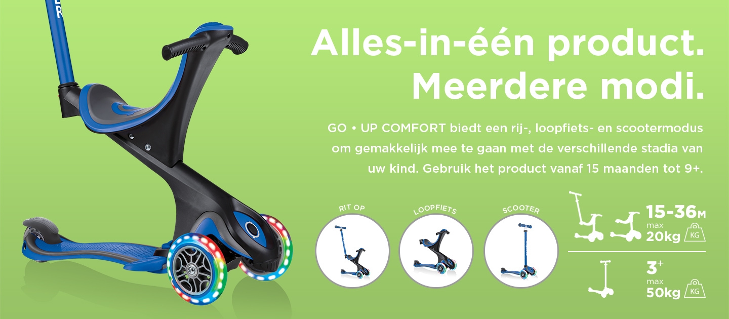 GO • UP COMFORT biedt een rij-, loopfiets- en scootermodus om gemakkelijk mee te gaan met de verschillende stadia van uw kind. Gebruik het product vanaf 15 maanden tot 9+.