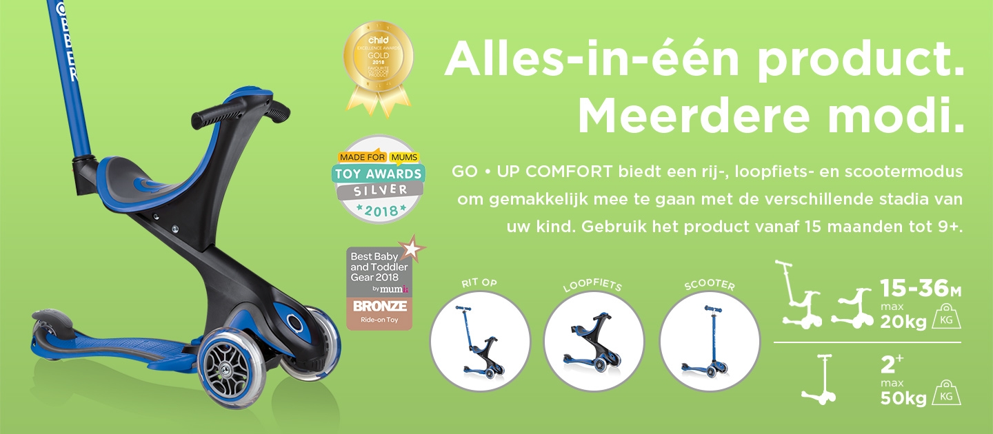 GO • UP COMFORT biedt een rij-, loopfiets- en scootermodus om gemakkelijk mee te gaan met de verschillende stadia van uw kind. Gebruik het product vanaf 15 maanden tot 9+.