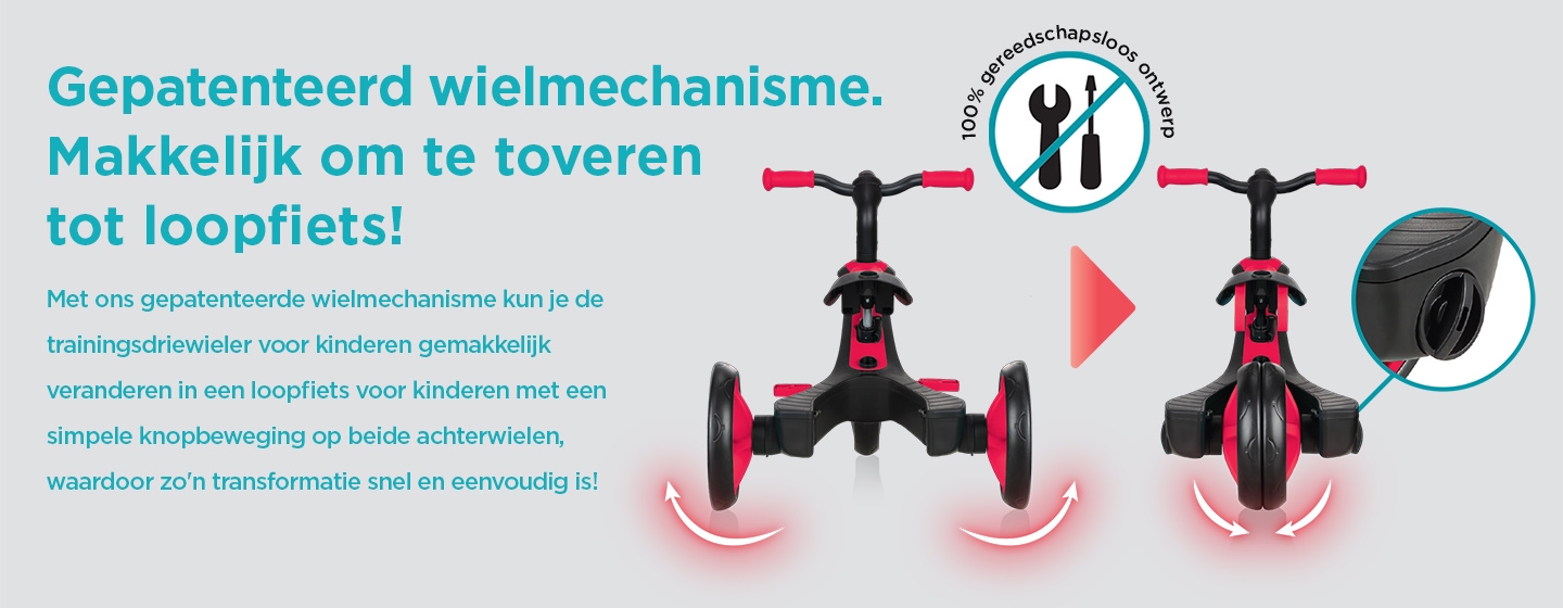 Gepatenteerd wielmechanisme. Makkelijk om te toveren tot loopfiets! Met ons gepatenteerde wielmechanisme kun je de trainingsdriewieler voor kinderen gemakkelijk veranderen in een loopfiets voor kinderen met een simpele knopbeweging op beide achterwielen, waardoor zo'n transformatie snel en eenvoudig is! 