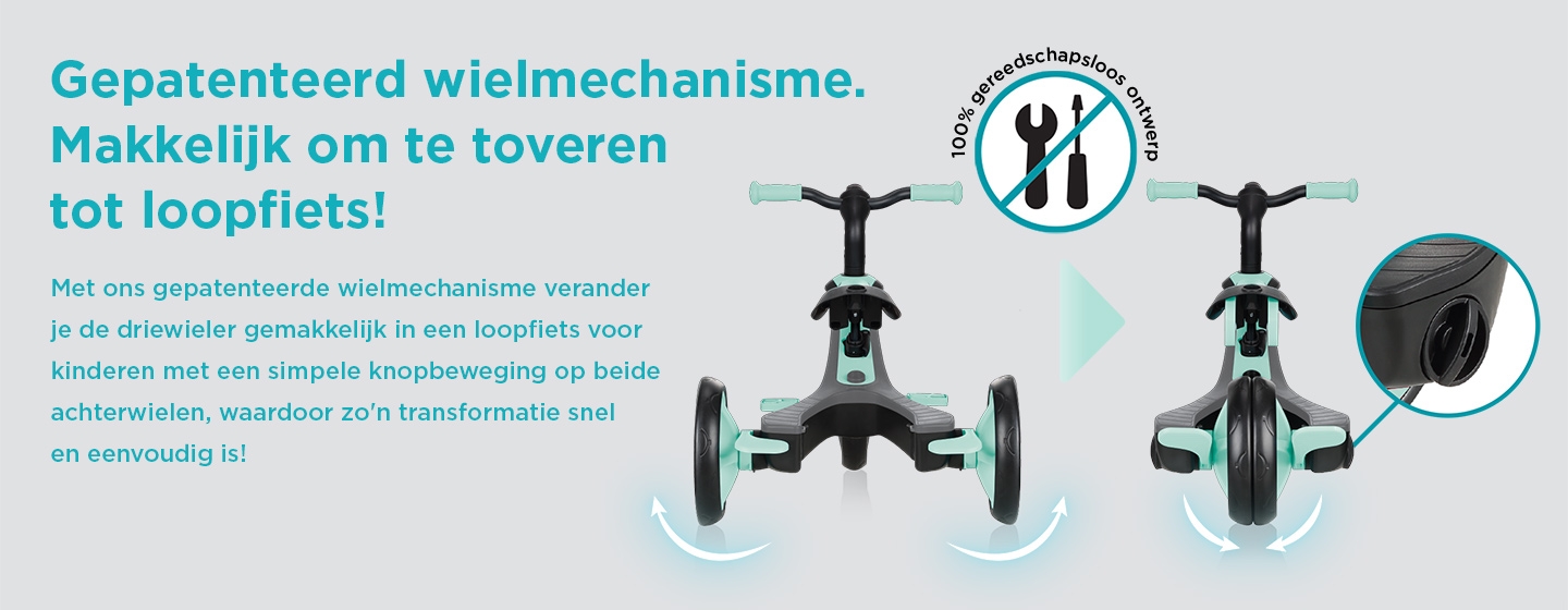 Gepatenteerd wielmechanisme. Makkelijk om te toveren tot loopfiets!