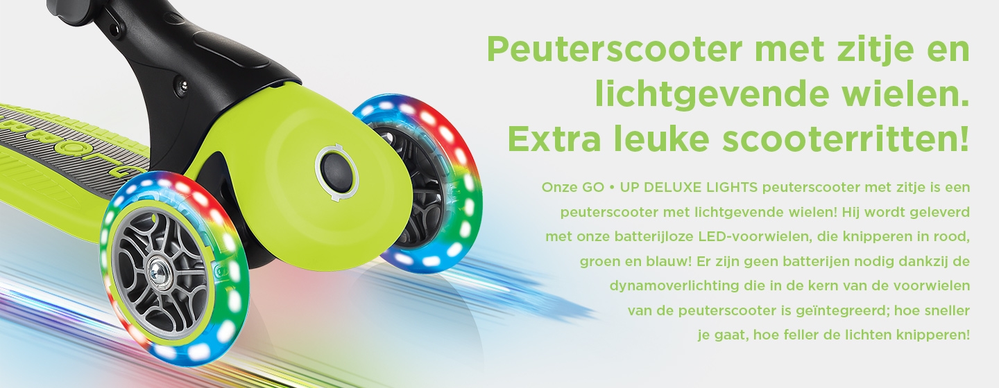 Peuterscooter met zitje en lichtgevende wielen. Extra leuke scooterritten!