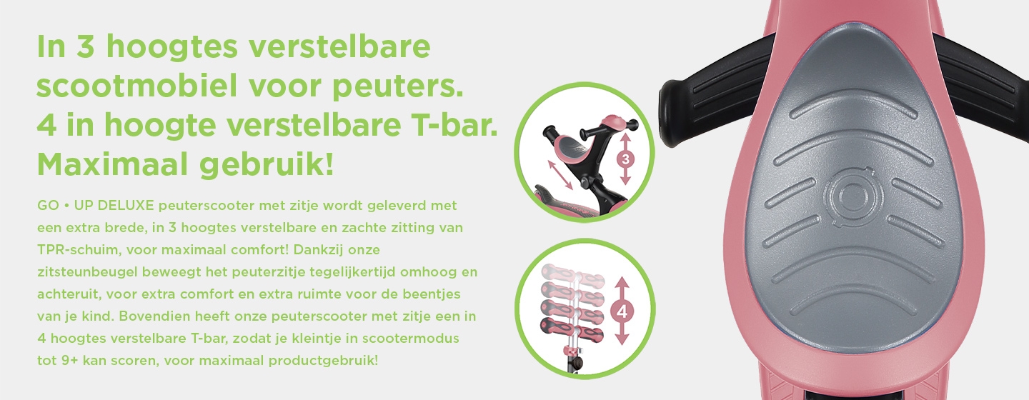 In 3 hoogtes verstelbare scootmobiel voor peuters. 4 in hoogte verstelbare T-bar. Maximaal gebruik!