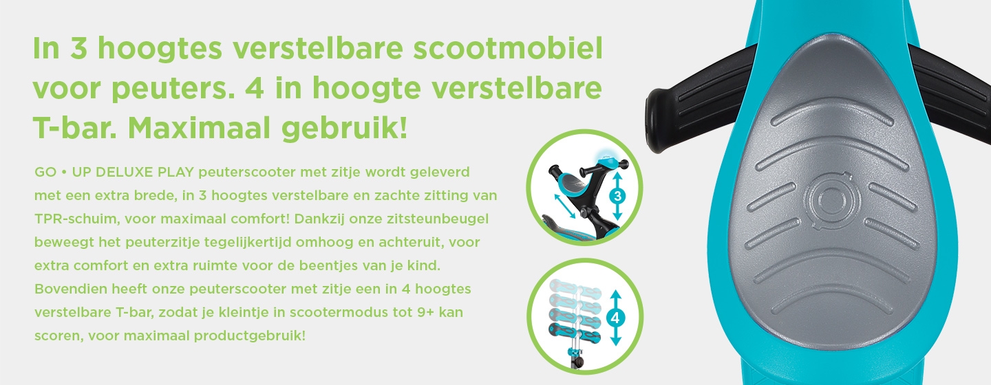 In 3 hoogtes verstelbare scootmobiel voor peuters. 4 in hoogte verstelbare T-bar. Maximaal gebruik!