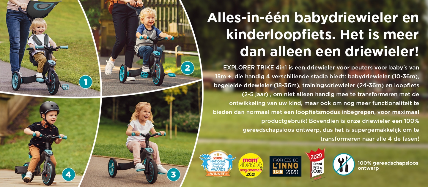 Alles-in-één babydriewieler en kinderloopfiets. Het is meer dan alleen een driewieler!