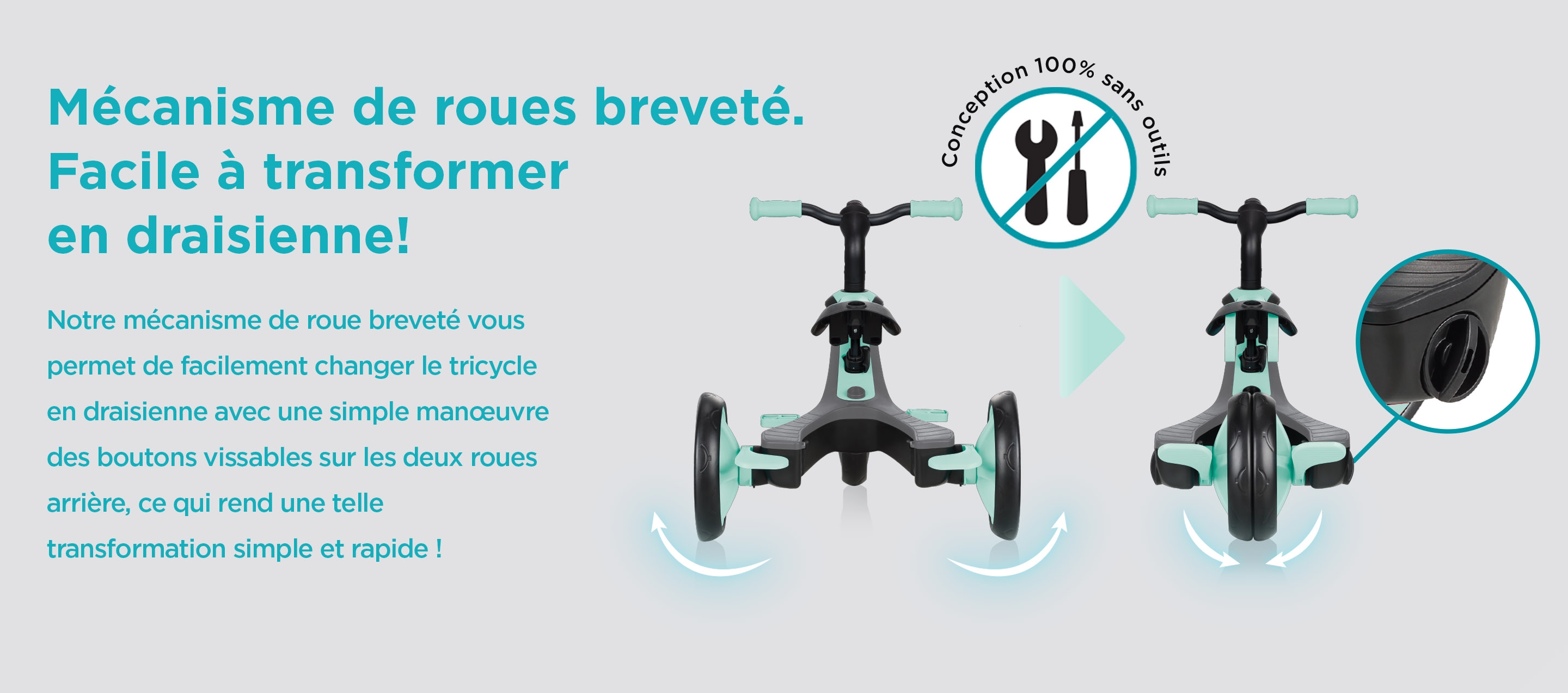 Mécanisme de roues breveté. Facile à transformer en draisienne! Notre mécanisme de roue breveté vous permet de facilement changer le tricycle en draisienne avec une simple manœuvre des boutons vissables sur les deux roues arrière, ce qui rend une telle transformation simple et rapide !