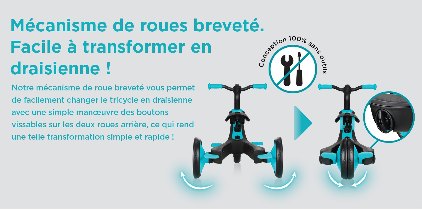 Mécanisme de roues breveté. Facile à transformer en draisienne ! Notre mécanisme de roue breveté vous permet de facilement changer le tricycle en draisienne avec une simple manœuvre des boutons vissables sur les deux roues arrière, ce qui rend une telle transformation simple et rapide !