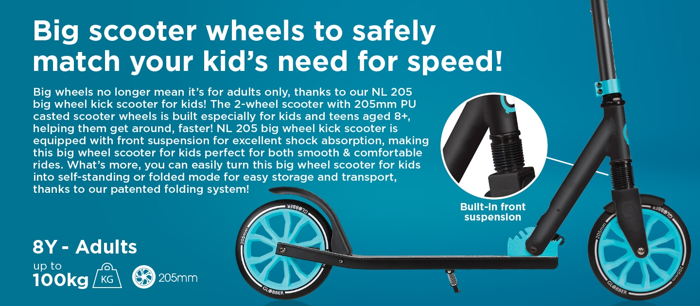 Big wheel scooter for kids with a unique one second folding system