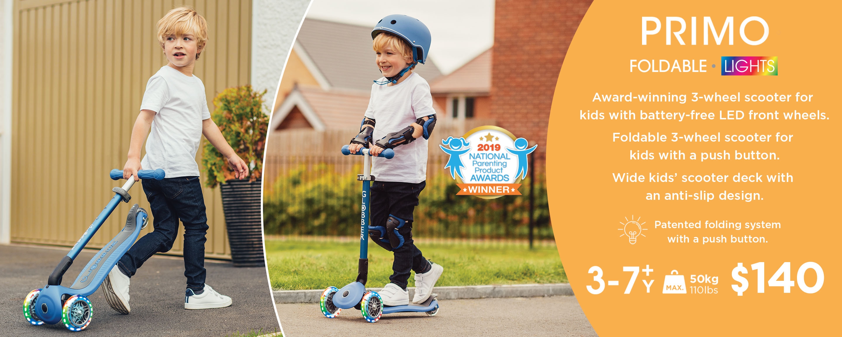 PRIMO FOLDABLE LIGHTS award-winning 3-wheel scooter for kids with LED front wheels