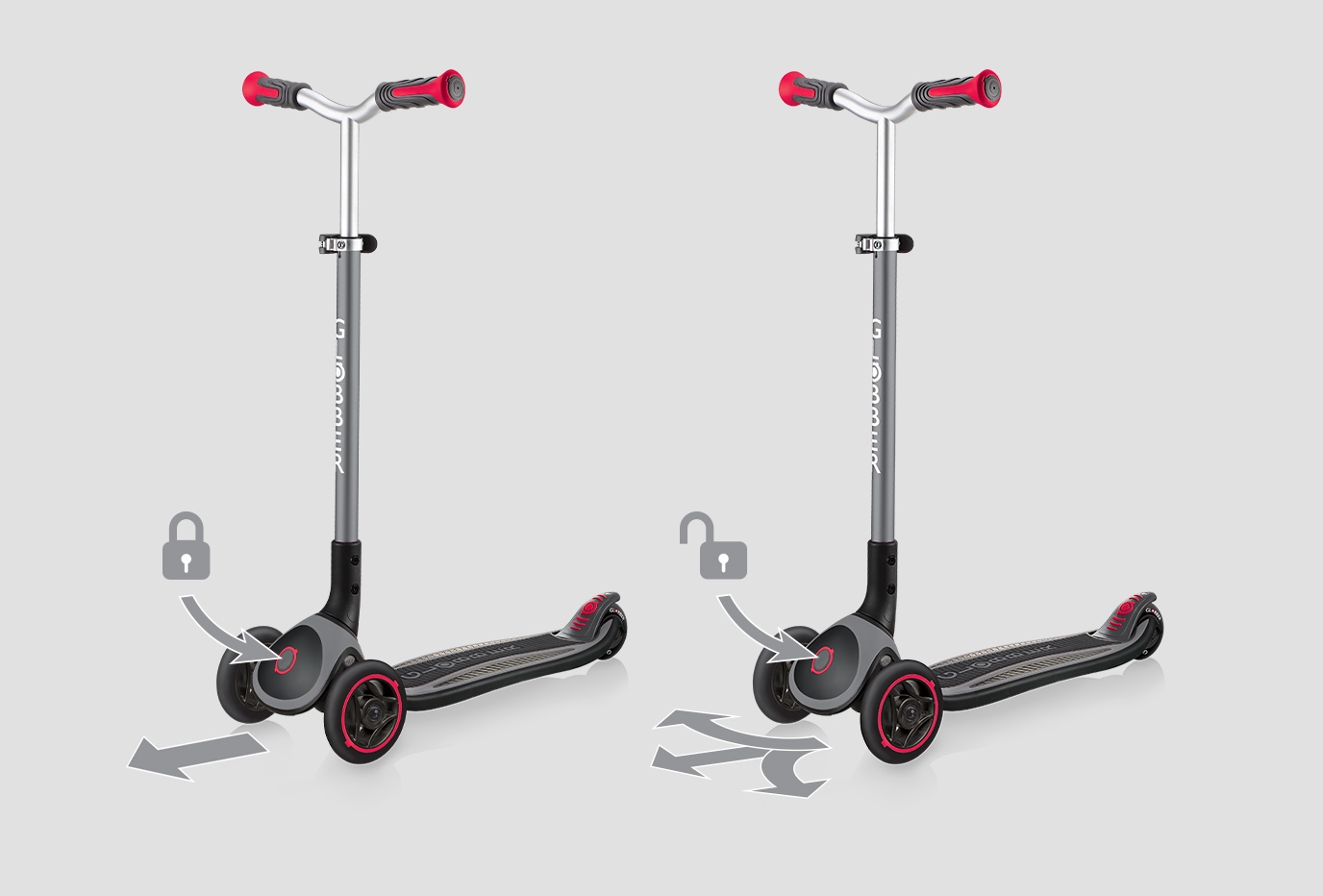 Black 3-wheel scooters for kids and teens with a patented steering lock system